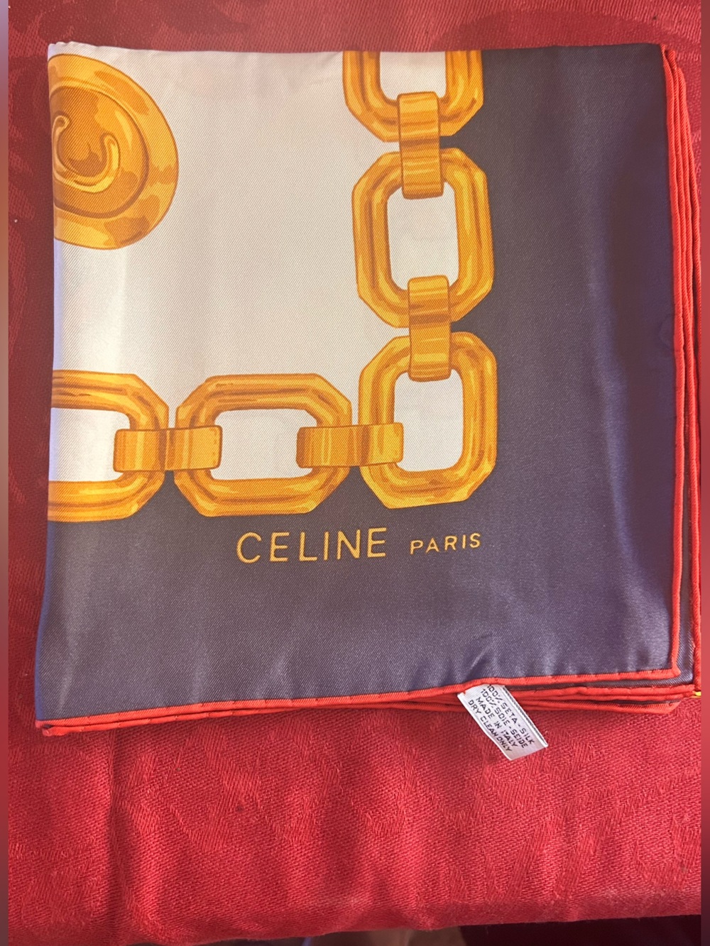 Celine Navy, White & Gold Chain Motif Silk Scarf 34” x 34” EUC - Picture 4 of 9